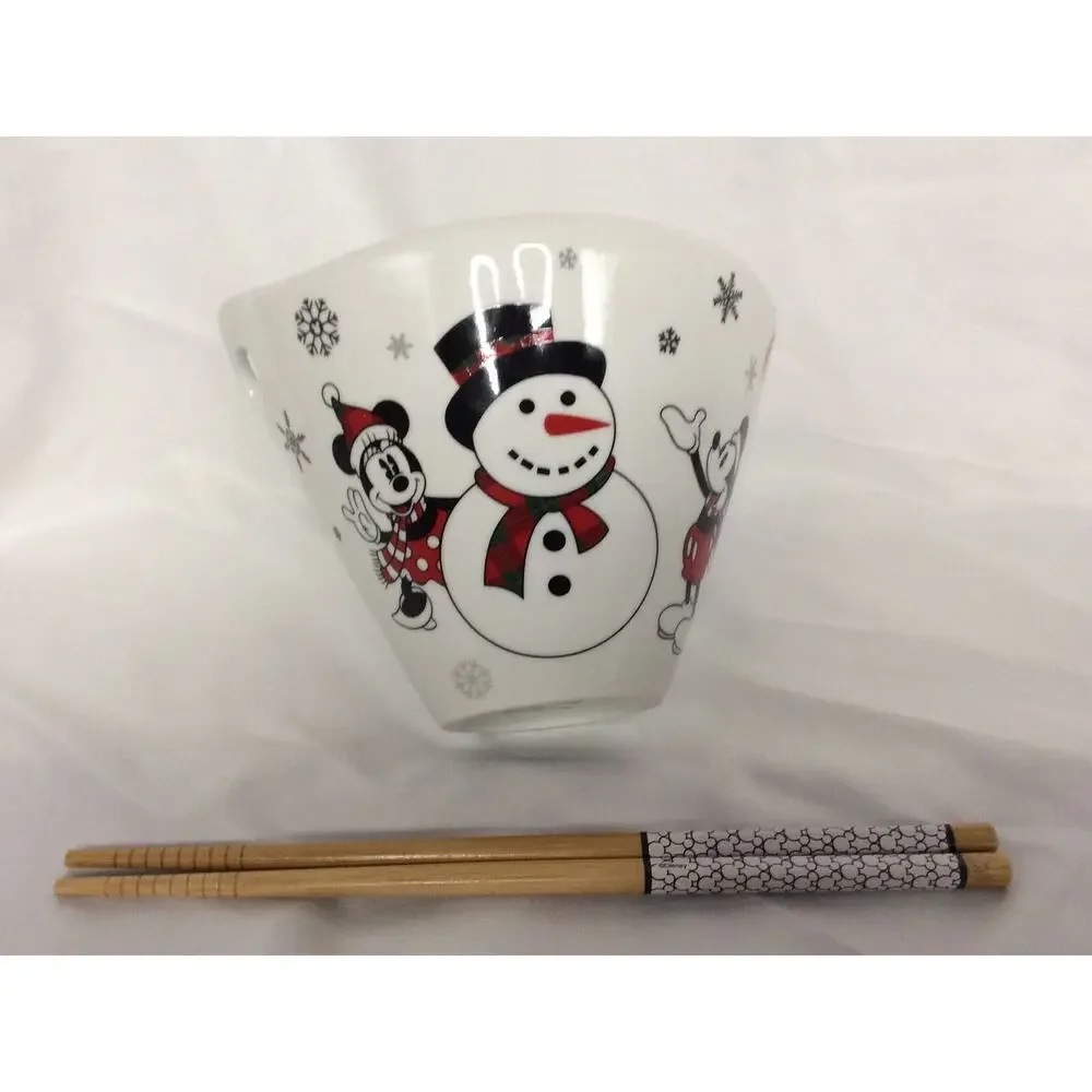 Disney Mickey & Minnie Mouse Christmas Holiday Ramen Bowl Chopsticks Sled Winter